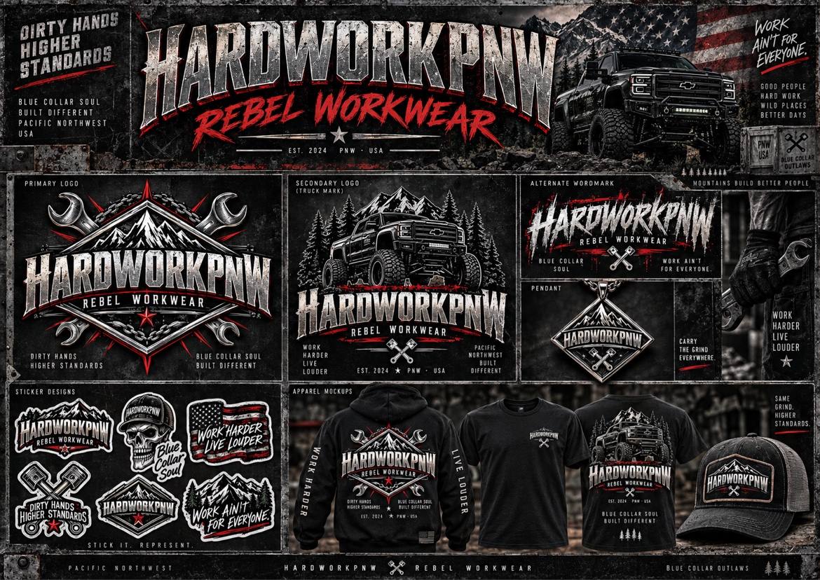 HardworkPNW Rebel Workwear identity board featuring mountain, wrench and truck logos with sample hoodie, tees, hat and stickers