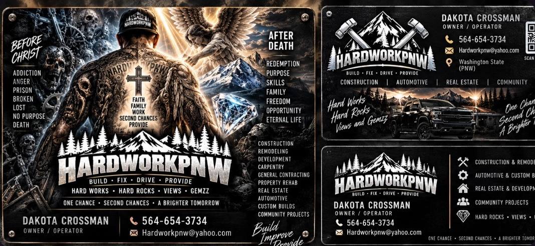 HardworkPNW brand collage with mountain and crossed-axe logo, trucks and construction identity