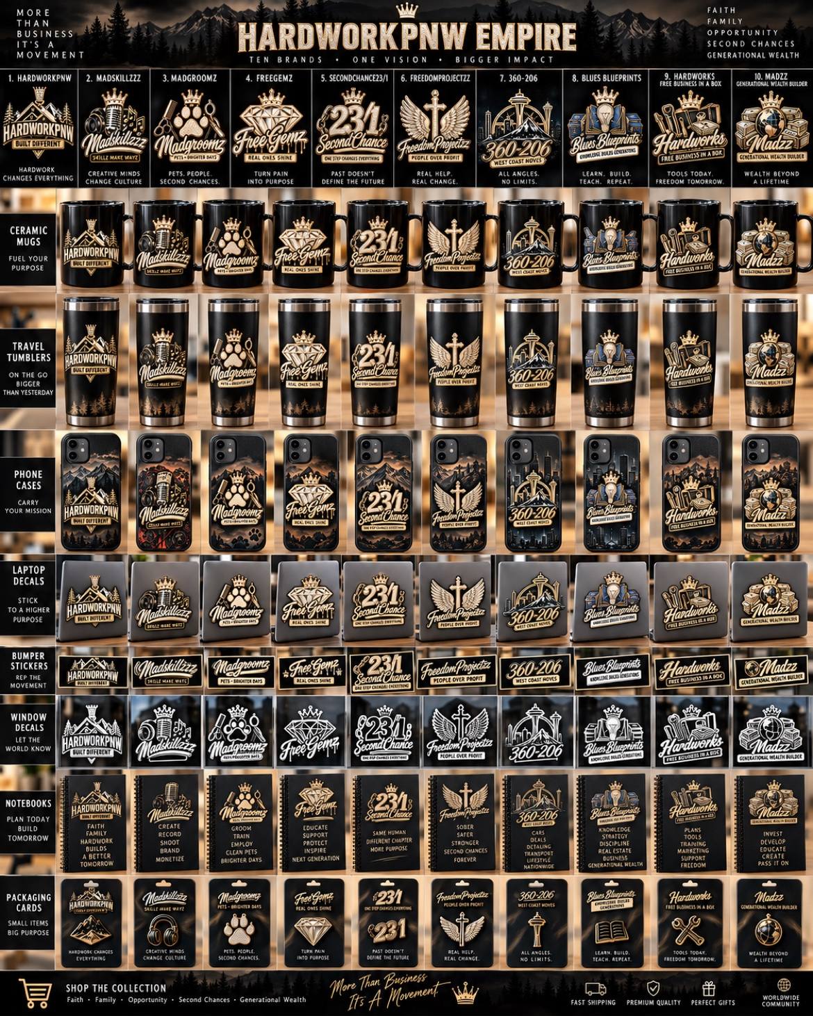 HardworkPNW Empire concept board showing coordinated mugs, tumblers, phone cases, decals, stickers and notebooks