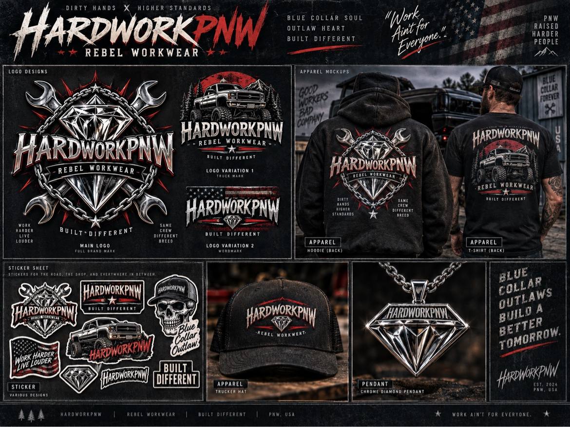 HardworkPNW Rebel Workwear brand board with diamond logo, apparel, truck, cap and pendant concepts
