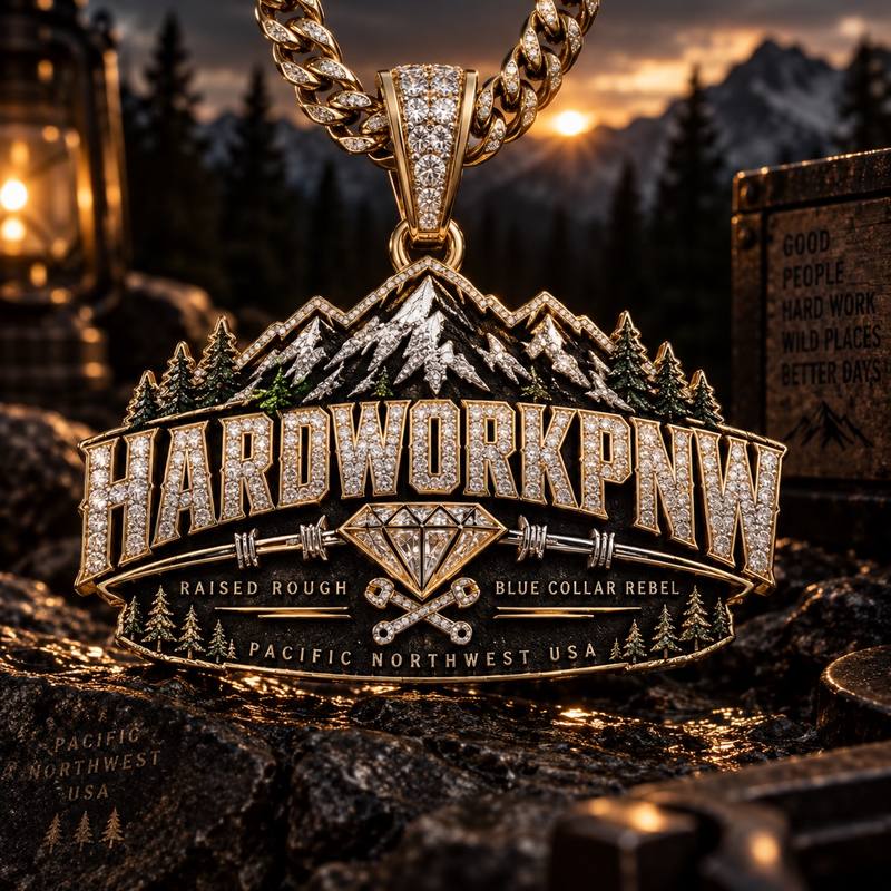 Gold and diamond HardworkPNW pendant with Pacific Northwest mountain and blue-collar details