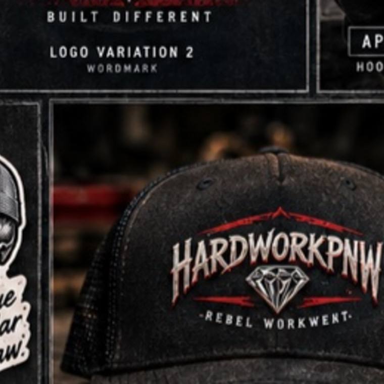 Sample black HardworkPNW trucker hat with a distressed Rebel Workwear diamond logo patch