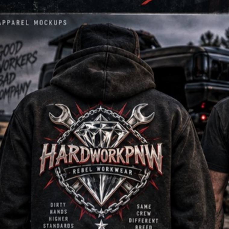 Sample black acid-wash HardworkPNW hoodie with a large diamond, chain and wrench back print