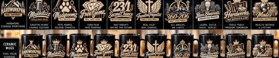 HardworkPNW Empire black ceramic mug concepts with gold logos