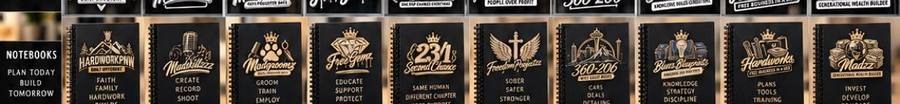 HardworkPNW Empire black spiral notebook concepts with gold logos