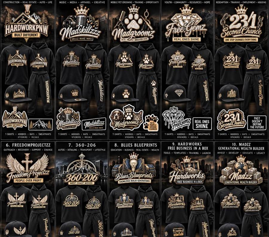 HardworkPNW Empire apparel concept board featuring black fleece sweatpants with gold logos down the leg