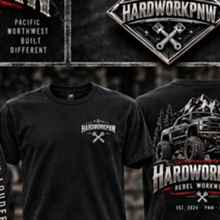 Sample black HardworkPNW work tee showing a small chest mark and oversized truck graphic on the back