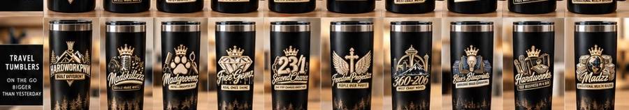 HardworkPNW Empire black travel tumbler concepts with gold logos