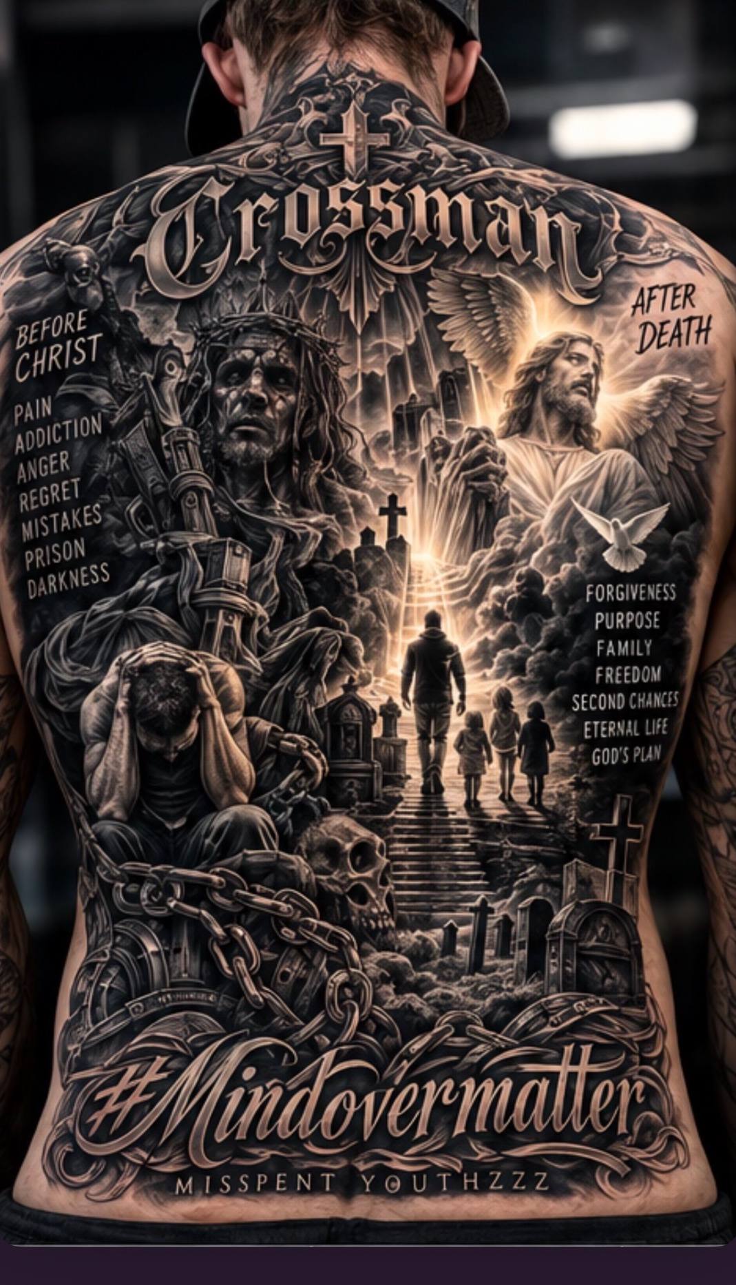 Detailed back-piece artwork about moving from hardship toward faith, family, purpose and second chances